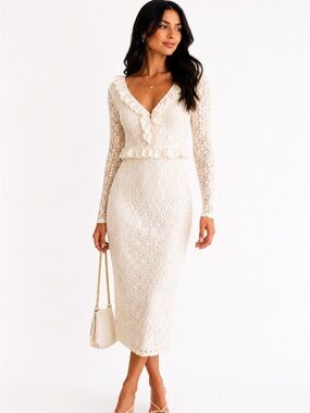 Lace Midi Dress White Stretchy Ruffle Trim NWT Willow & Wind